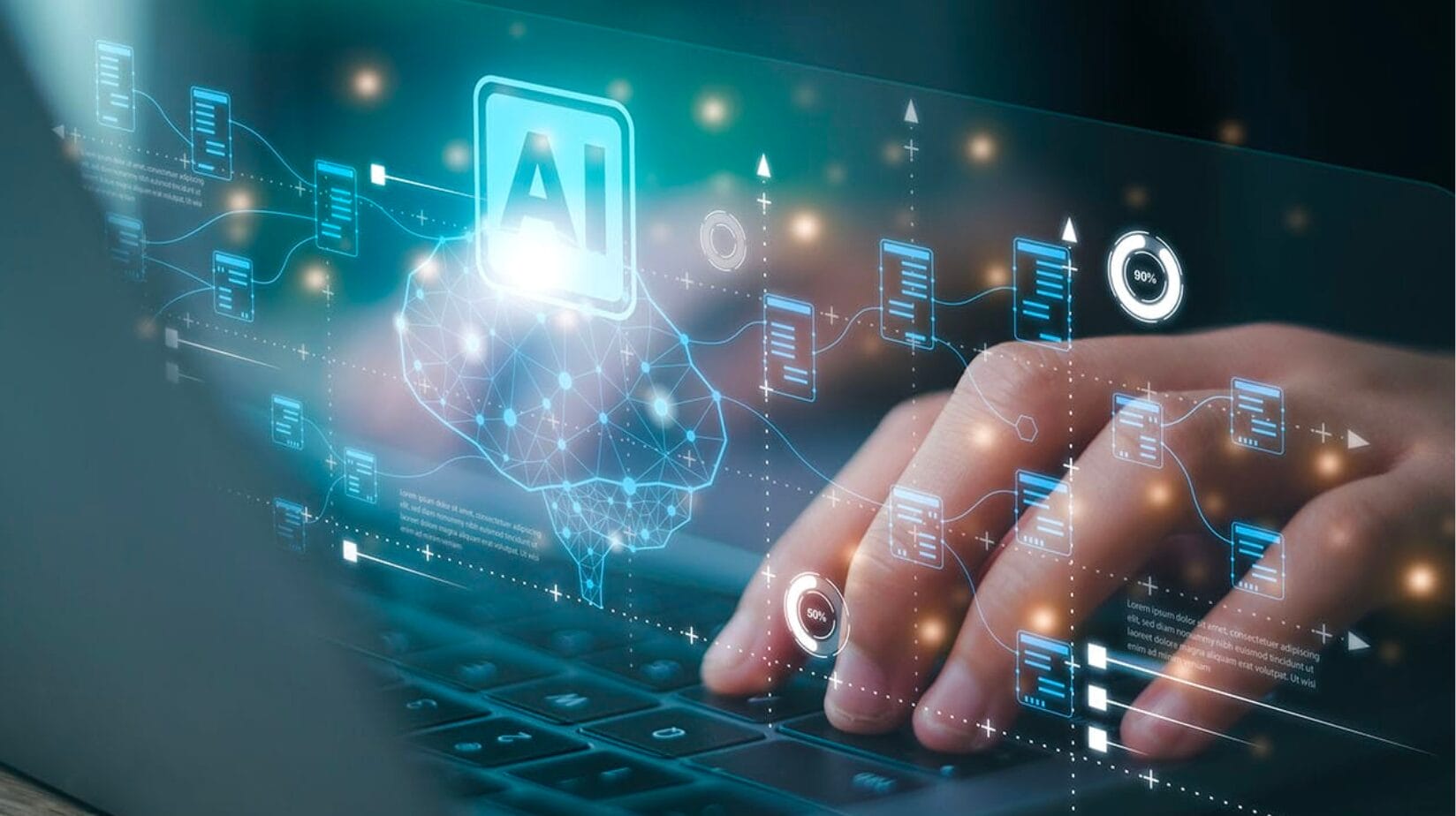 Blog Covers – 2024-08-23T153447.408 Person typing on a laptop with a graphic overlay of AI, a brain, and data
