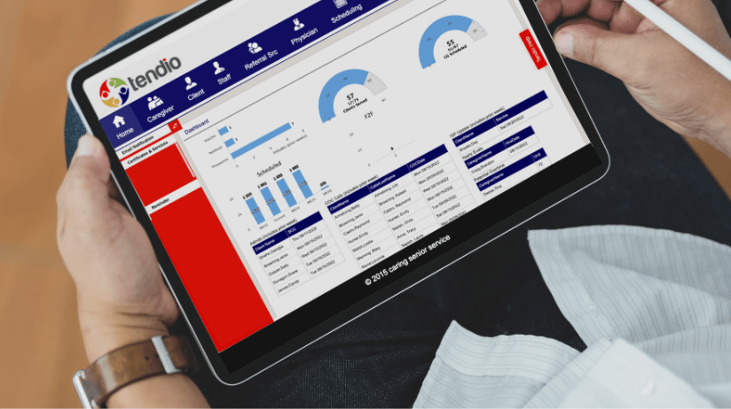 Blog20Covers20-202023-08-30T153805.882 Man holding a tablet with Caring Senior Service Tendio portal pulled up