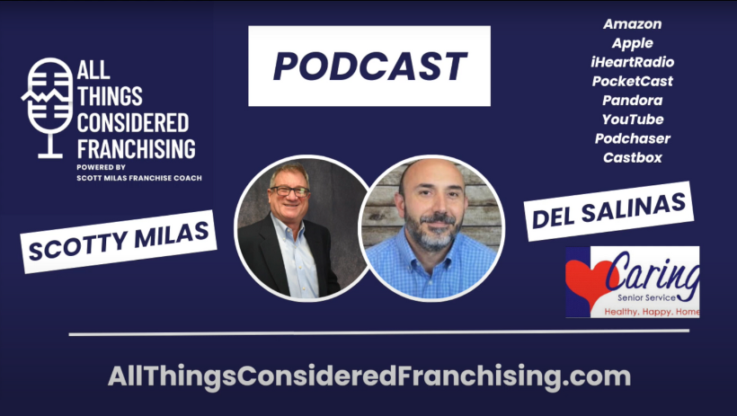 Caring20Spotlight20-202024-05-10T143859.185 Scotty Milas headshot, Del Salinas headshot, All Things Considered Franchising logo, and Caring Senior Service logo