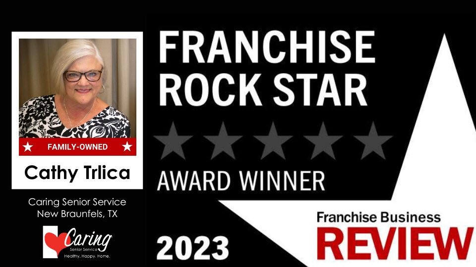 Franchise Rock Star Award Winner 2023 badge from Franchise Business Review and a headshot of Cathy Trlica, owner of Caring Senior Service New Braunfels